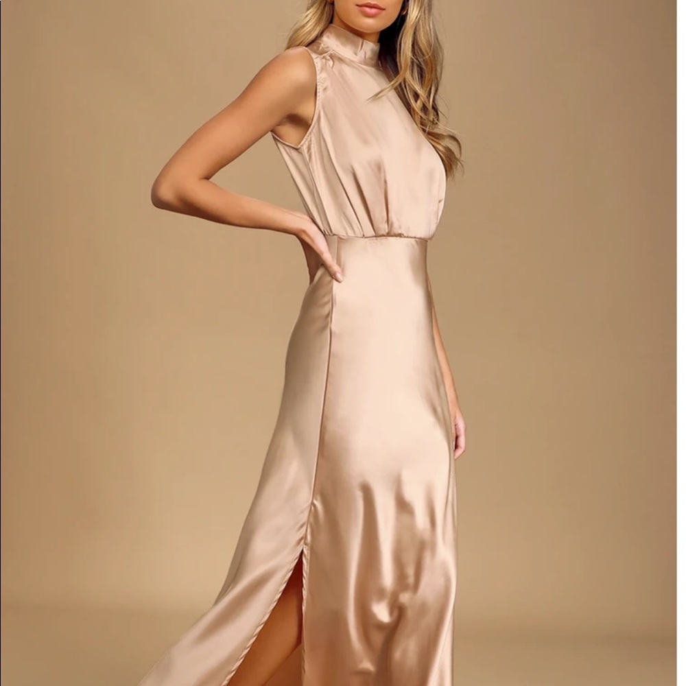 Lulus Classic Elegance Blush Satin Sleeveless Mock Neck Maxi Dress